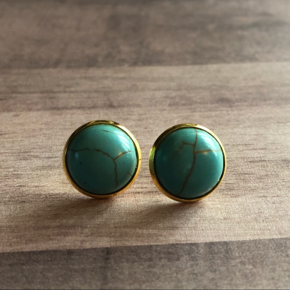Turquoise Stone Gold 12mm Stud Earrings! - Picture 7 of 14